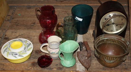 Cranberry glass, Poole pottery, & clock etc(-)